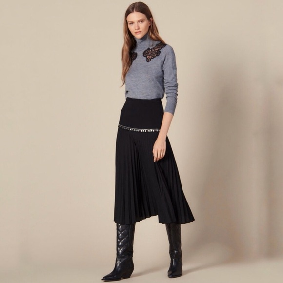 Sandro Paris Stud Embellished Midi Pleated Black Debby Wrap Skirt Size 3 US 8 - Picture 1 of 12